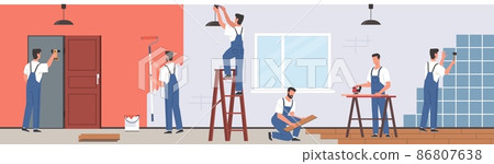 Professional home renovation. Repairman team make living room interior repairs, handyman contractors brigade in apartment, wall painting, horizontal banner vector concept 86807638