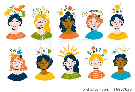 Positive thinking people. Funny young men and women faces with happy emotions, sun and flowers above head, mental health concept, good dreams and imaginations, vector set Positive thinking people. Funny young men and women faces with happy emotions, sun and flowers above head, mental health concept, good dreams and imaginations, vector set 86807639
