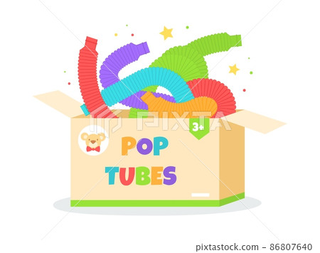 Pop tubes in box. Colorful plastic childish sensory toys, antistress flexible corrugated pipes, different shapes bent forms in carton container promotional poster, vector isolated concept 86807640