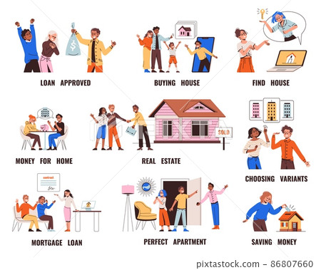 Mortgage credit people. Real estate agents and potential home buyers, apartment purchase, loan approved, couple choosing house on online service, family savings for home, vector set Mortgage credit people. Real estate agents and potential home buyers, apartment purchase, loan approved, couple choosing house on online service, family savings for home, vector set 86807660