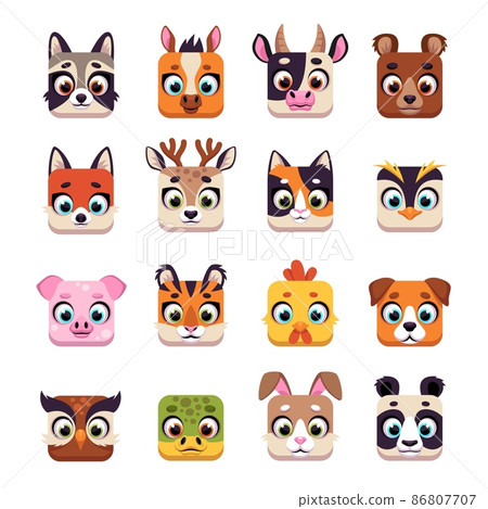 Animal square face. Cute cartoon UI icons with funny muzzles, wildlife and domestic heads. Kawaii raccoon, bear, tiger and rabbit. Avatar pig, panda and cow. Portraits vector isolated set Animal square face. Cute cartoon UI icons with funny muzzles, wildlife and domestic heads. Kawaii raccoon, bear, tiger and rabbit. Avatar pig, panda and cow. Portraits vector isolated set 86807707