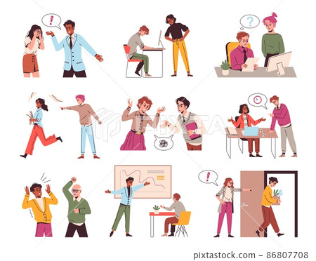 Angry boss. Yell aggressive office chief, stressed staff, work conflicts, business stress, scared employees and arguing managers. Bad job, corporate problems vector set 86807708