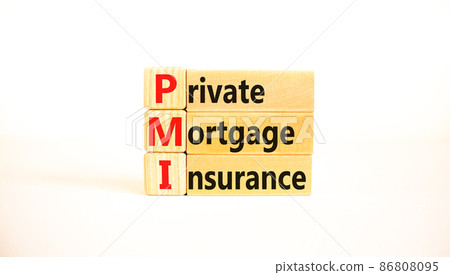 PMI private mortgage insurance symbol. Concept words PMI private mortgage insurance on blocks on a beautiful white table, white background. Business PMI private mortgage insurance concept. Copy space. 86808095