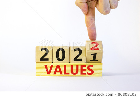 Symbol of planning 2022 values new year. Businessman turns a wooden cube and changes words 'values 2021' to 'values 2022'. Beautiful white background, copy space. Business, 2022 values concept. 86808102