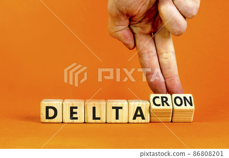 Covid-19 delta and deltacron symbol. Doctor turns cubes and changes the word delta to deltacron. Beautiful orange background. Medical, covid-19 corona delta and deltacron concept. Copy space. Covid-19 delta and deltacron symbol. Doctor turns cubes and changes the word delta to deltacron. Beautiful orange background. Medical, covid-19 corona delta and deltacron concept. Copy space. 86808201