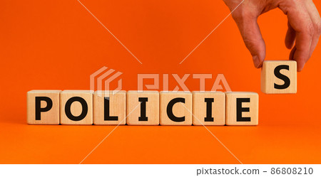 Policies symbol. Concept word 'policies' on wooden cubes on a beautiful orange background. Businessman hand. Copy space. Business and policies concept. 86808210