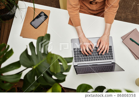 Overview of hands of young businesswoman or student typing on laptop keyboard Overview of hands of young businesswoman or student typing on laptop keyboard 86808358