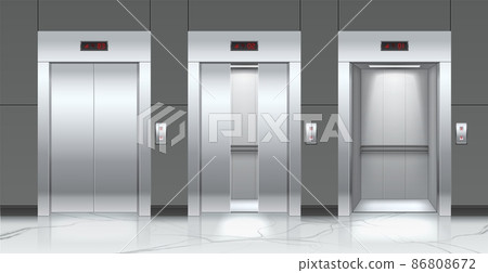 Realistic elevators and entrance doors. Metal passenger lifts. Slightly, opened and closed doorways. Building hallway interior. Marble floor and tiled wall. Vector lobby cabin gates set 86808672
