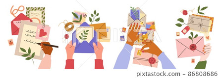 Postal envelopes with hands. Human arms write letters. Sign postcards and invitations. Glue postage stamps and put herbarium. Mail notes. Wax seals and leaves. Vector correspondence set 86808686