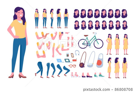 Cartoon female character kit. Woman in casual clothes. Girl standing in different poses. Face emotion expressions and hand gestures. Vector set of individual body parts and accessories 86808708