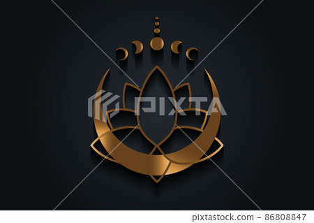 Gold Lotus Flower on Crescent Moon, Mystical Moon Phases, Sacred geometry. Half moon pagan Wiccan goddess symbol, silhouette wicca logo template, energy circle, vector isolated on black background 86808847