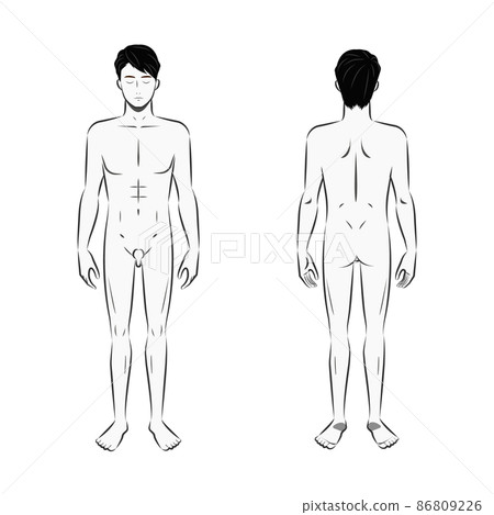 Image illustration of a naked white background of the whole body for beauty and manipulative treatment of a young Asian man with a pen touch like handwriting 86809226