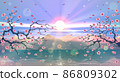 Beautiful sakura branches with pink flowers over blue sky, sunset and green water, island with mountains. Wonderful Japanese landscape with nature, asian artwork in vector. 86809302
