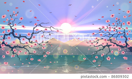 Beautiful sakura branches with pink flowers over blue sky, sunset and green water, island with mountains. Wonderful Japanese landscape with nature, asian artwork in vector. 86809302