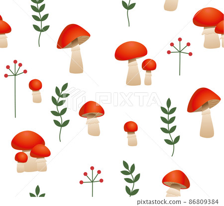 Seamless vector pattern with cute cartoon forest mushrooms. Edible mushroom boletus on white 86809384