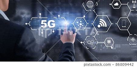 5G Network Wireless Internet concept. Man touching 3D icon 5G 86809442