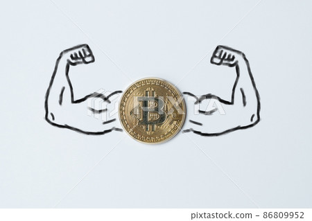 The concept of a strong cryptocurrency bitcoin. Arms muscles drawn with a coin. The concept of a strong cryptocurrency bitcoin. Arms muscles drawn with a coin. 86809952