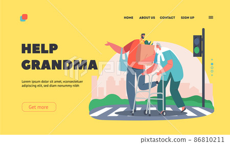 Help Grandma Landing Page Template. Man Help Senior Woman with Walking Frame Crossing Street, Urban City Traffic Road Help Grandma Landing Page Template. Man Help Senior Woman with Walking Frame Crossing Street, Urban City Traffic Road 86810211