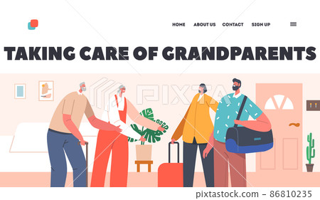 Taking Care of Grandparents Landing Page Template. Male and Female Characters with Luggage Come to Visit Old Parents 86810235