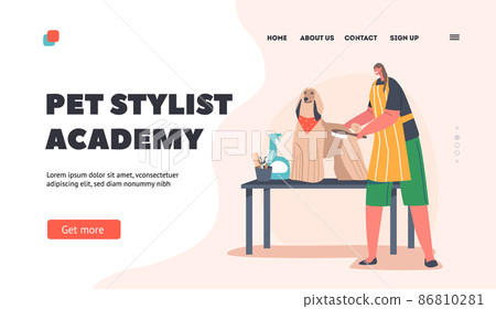 Animals Care Salon Landing Page Template. Friendly Hairdresser Female Character Provide Grooming Service, Combing Dog 86810281