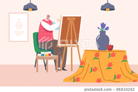 Aged People Hobby, Senior Man Artist Creative Occupation, Old Male Painter Hold Paintbrush in Hand in Front of Canvas 86810282