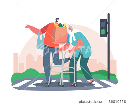 Man Help Senior Woman with Walking Frame Crossing Street, Urban City Traffic Cars on Road Crosswalk, Kind City Dweller 86810358