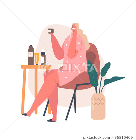 Body and Face Care Concept. Young Woman Apply Cosmetics Mask. Female Character with Cosmetic Jars and Bottles on Table Body and Face Care Concept. Young Woman Apply Cosmetics Mask. Female Character with Cosmetic Jars and Bottles on Table 86810409