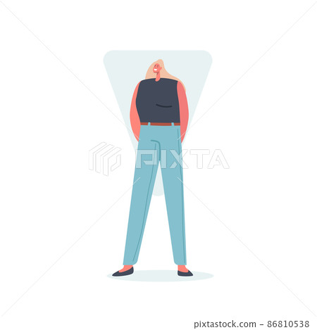 Woman with Inverted Triangle Body Shape Posing in Blue Jeans and Black Top, Female Character Figure Type 86810538