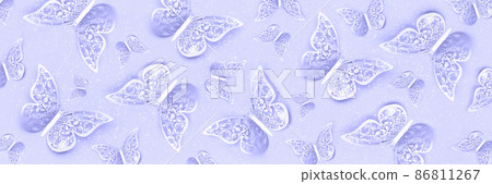 Violet toned banner made with tracery illuminating butterflies and shiny confetti. Festive background. Holiday concept. Top view Template for your design. Trendy color of year 2022 Violet toned banner made with tracery illuminating butterflies and shiny confetti. Festive background. Holiday concept. Top view Template for your design. Trendy color of year 2022 86811267