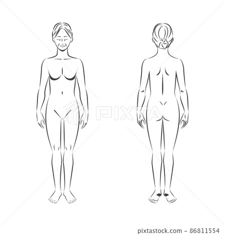 赤裸的中年亞洲女性畫筆觸摸全身白色背景彩色圖像插圖 86811554