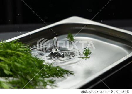 silver metal tray with water highlighted on a black background silver metal tray with water highlighted on a black background 86811828