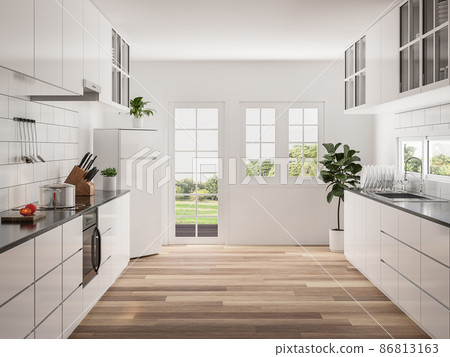 Modern white kitchen with nature view 3d render Modern white kitchen with nature view 3d render 86813163