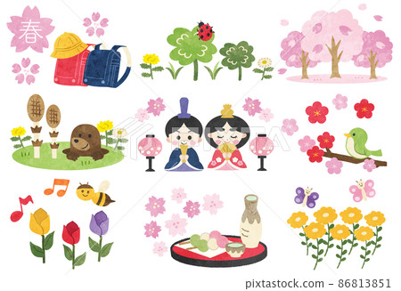 Spring hand-drawn style illustration material set with lines 86813851