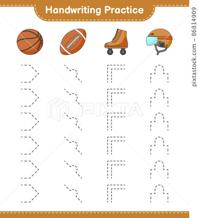 Handwriting practice. Tracing lines of Hockey Helmet, Roller Skate, Basketball, and Soccer Ball. Educational children game, printable worksheet, vector illustration Handwriting practice. Tracing lines of Hockey Helmet, Roller Skate, Basketball, and Soccer Ball. Educational children game, printable worksheet, vector illustration 86814909