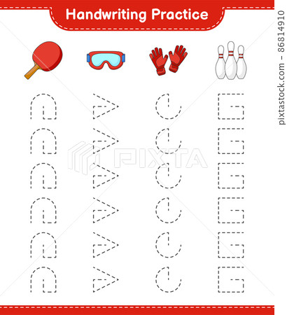 Handwriting practice. Tracing lines of Bowling Pin, Goggle, Ping Pong Racket, and Goalkeeper Gloves. Educational children game, printable worksheet, vector illustration Handwriting practice. Tracing lines of Bowling Pin, Goggle, Ping Pong Racket, and Goalkeeper Gloves. Educational children game, printable worksheet, vector illustration 86814910
