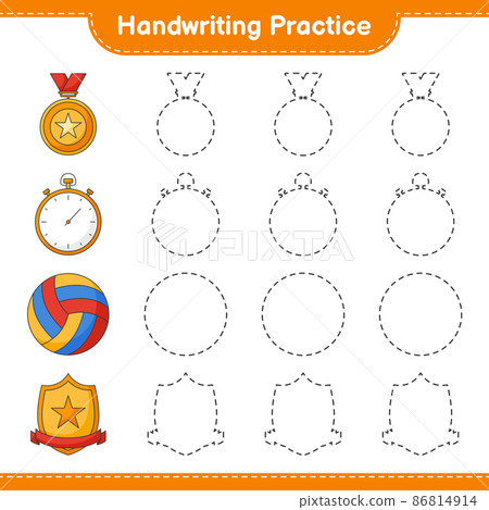 Handwriting practice. Tracing lines of Stopwatch, Trophy, and Volleyball. Educational children game, printable worksheet, vector illustration 86814914
