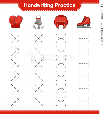 Handwriting practice. Tracing lines of Boxing Gloves, Shuttlecock, Boxing Helmet, and Ice Skates. Educational children game, printable worksheet, vector illustration 86814915