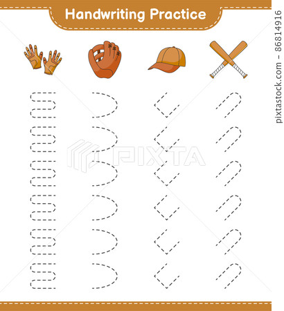 Handwriting practice. Tracing lines of Baseball Glove, Golf Gloves, Cap Hat, and Baseball Bat. Educational children game, printable worksheet, vector illustration 86814916