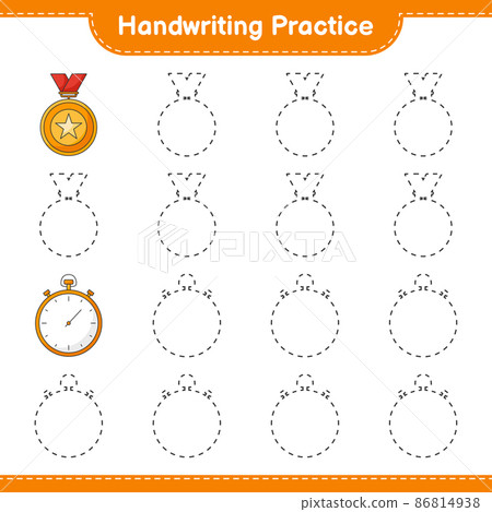 Handwriting practice. Tracing lines of Trophy and Stopwatch. Educational children game, printable worksheet, vector illustration 86814938