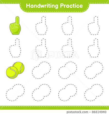 Handwriting practice. Tracing lines of Foam Finger and Tennis Ball. Educational children game, printable worksheet, vector illustration 86814940