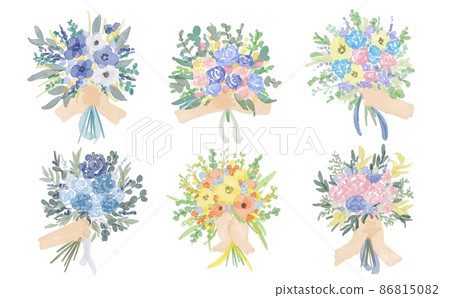 Watercolor. A bouquet drawn in watercolor. Wedding bouquet with a watercolor touch. A set of bouquet illustrations in various colors. Watercolor. A bouquet drawn in watercolor. Wedding bouquet with a watercolor touch. A set of bouquet illustrations in various colors. 86815082