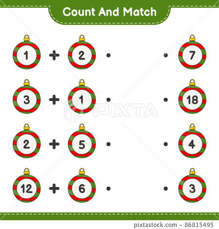 Count and match, count the number of Christmas Ball and match with the right numbers. Educational children game, printable worksheet, vector illustration Count and match, count the number of Christmas Ball and match with the right numbers. Educational children game, printable worksheet, vector illustration 86815495