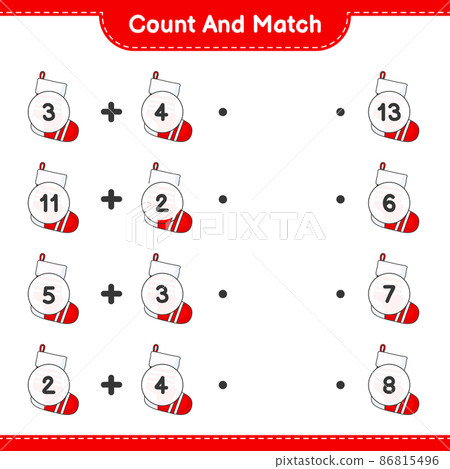 Count and match, count the number of Christmas Sock and match with the right numbers. Educational children game, printable worksheet, vector illustration 86815496
