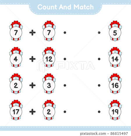 Count and match, count the number of Gift Box and match with the right numbers. Educational children game, printable worksheet, vector illustration Count and match, count the number of Gift Box and match with the right numbers. Educational children game, printable worksheet, vector illustration 86815497