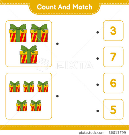 Count and match, count the number of Gift Box and match with the right numbers. Educational children game, printable worksheet, vector illustration Count and match, count the number of Gift Box and match with the right numbers. Educational children game, printable worksheet, vector illustration 86815799