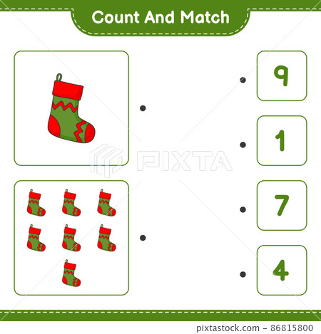 Count and match, count the number of Christmas Sock and match with the right numbers. Educational children game, printable worksheet, vector illustration 86815800
