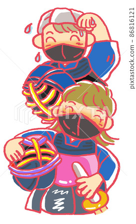Male and female elementary school swordfighter training end white background mask 86816121