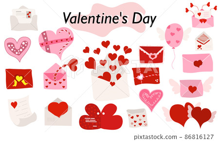 A set of items for ValentineDay. Envelopes, valentines, letters. In color version. A symbol of love and a Valentine Day holiday. Vector illustration. A set of items for ValentineDay. Envelopes, valentines, letters. In color version. A symbol of love and a Valentine Day holiday. Vector illustration. 86816127