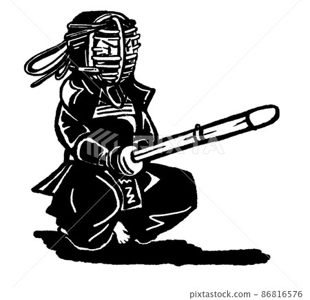 Monochrome line drawing, Sonkyo female swordfighter, white background, before the game, holding a bamboo sword with the whole body, with a mask 86816576