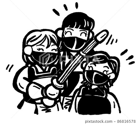 Monochrome line drawing, three good friends, heartwarming kendo, with mask Monochrome line drawing, three good friends, heartwarming kendo, with mask 86816578
